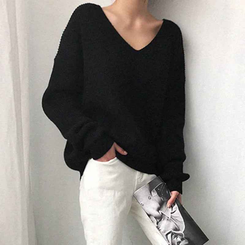 Women's Soft Knit V-Neck Sweater Black