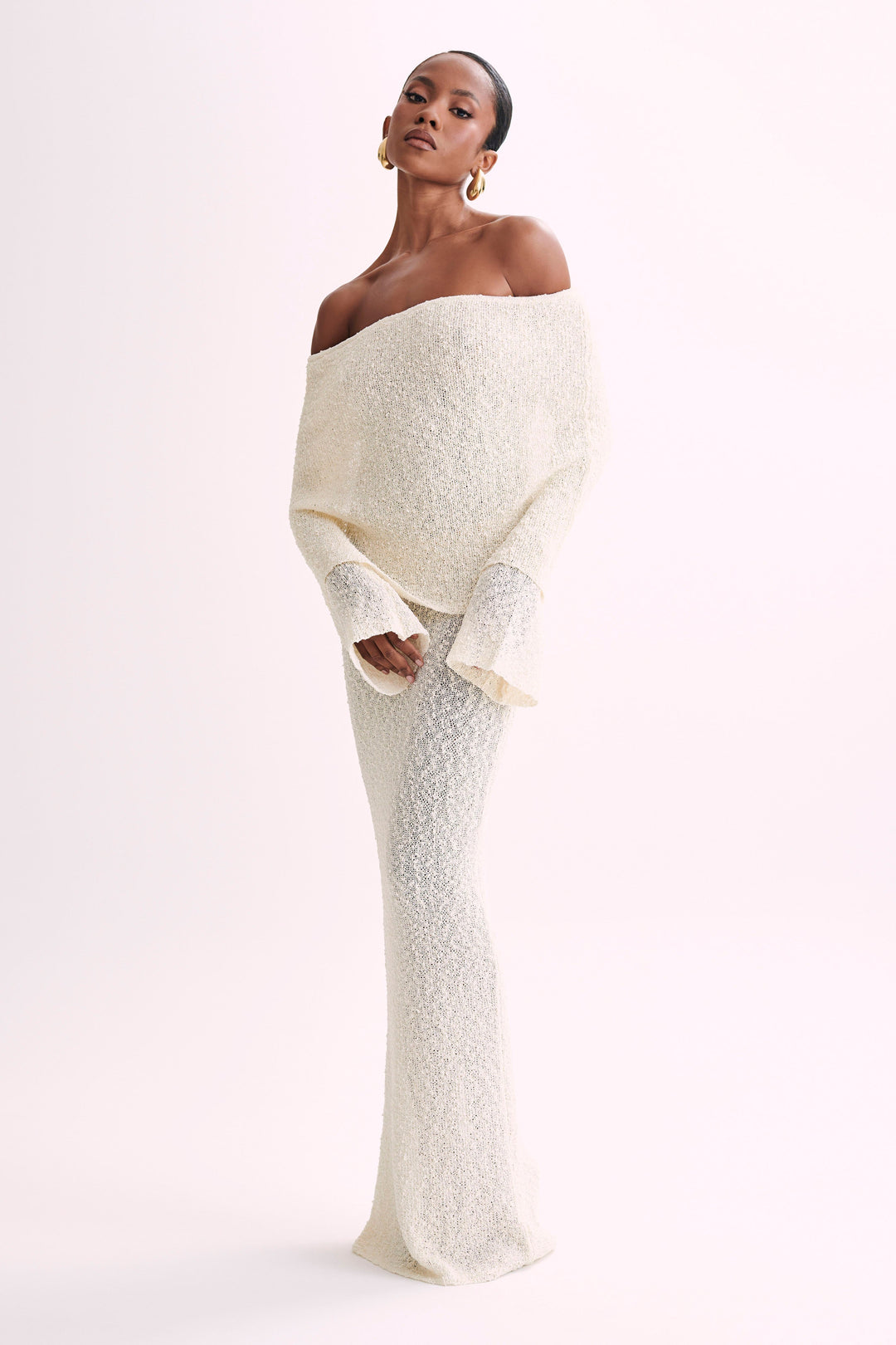 Angel | Women's Bouclé Off-Shoulder Maxi Dress