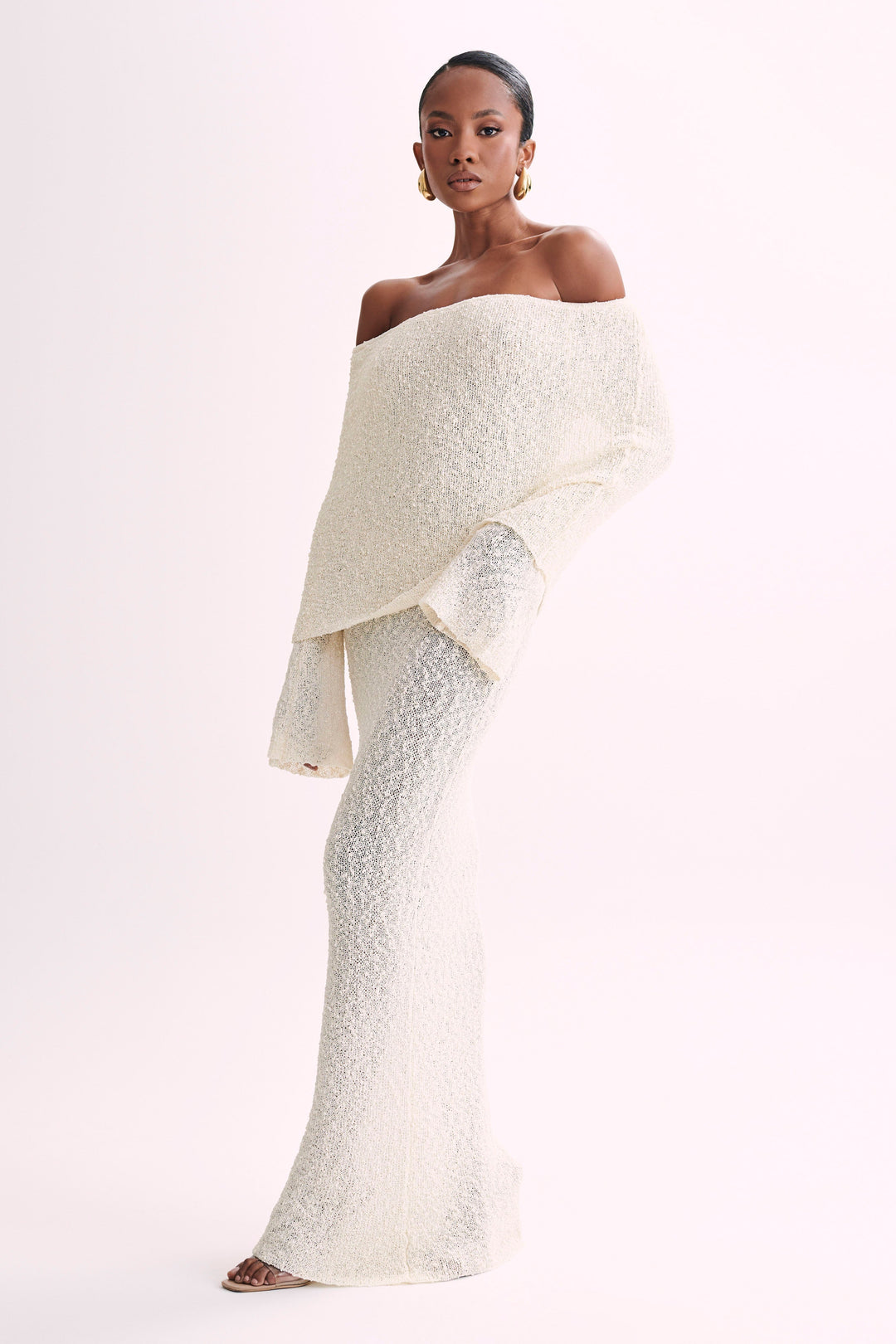Angel | Women's Bouclé Off-Shoulder Maxi Dress White