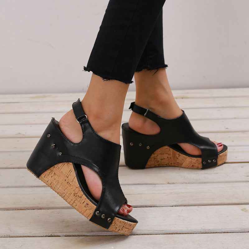 Roman Sandals Female Fish Mouth Thick Bottom Wedges Shoes Women black