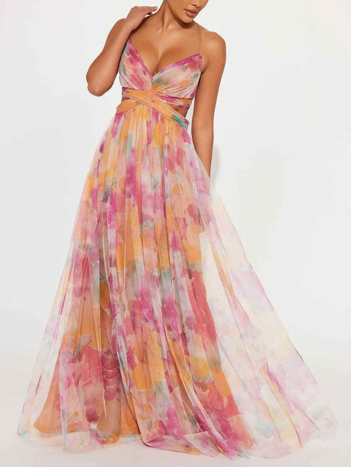 Women's Floral Print V-Neck A-Line Maxi Dress