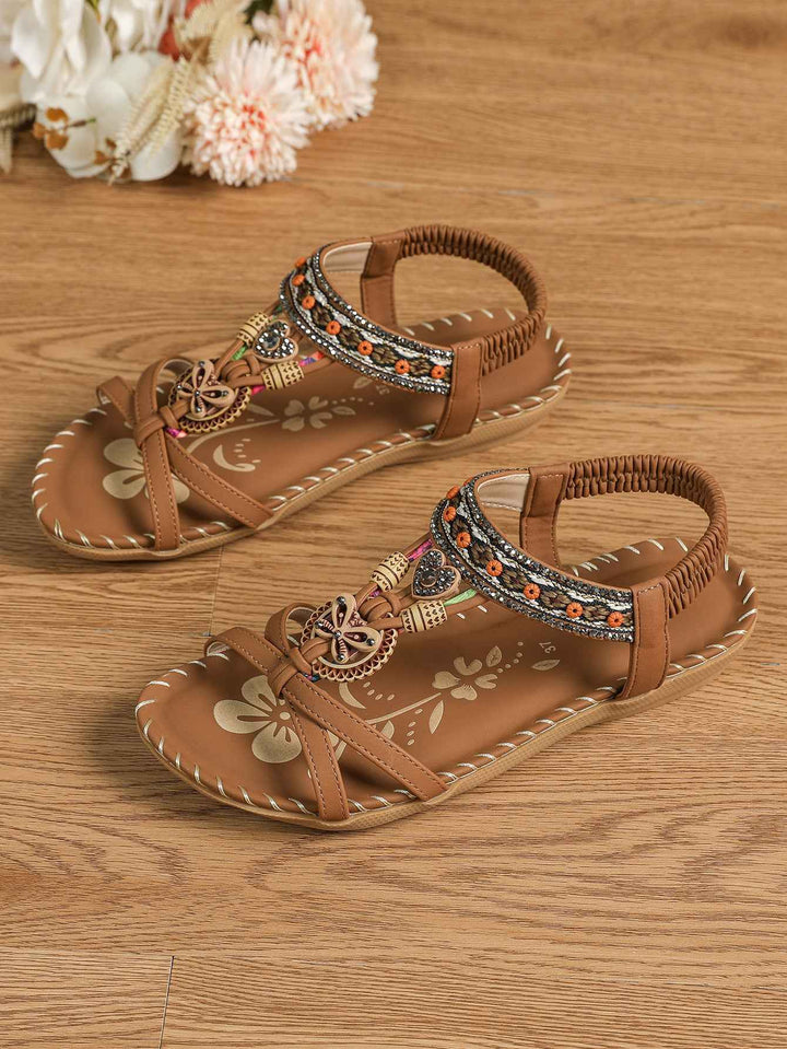 Women's Large Size Flat Bottom Flower Rhinestone Sandals Dark Brown