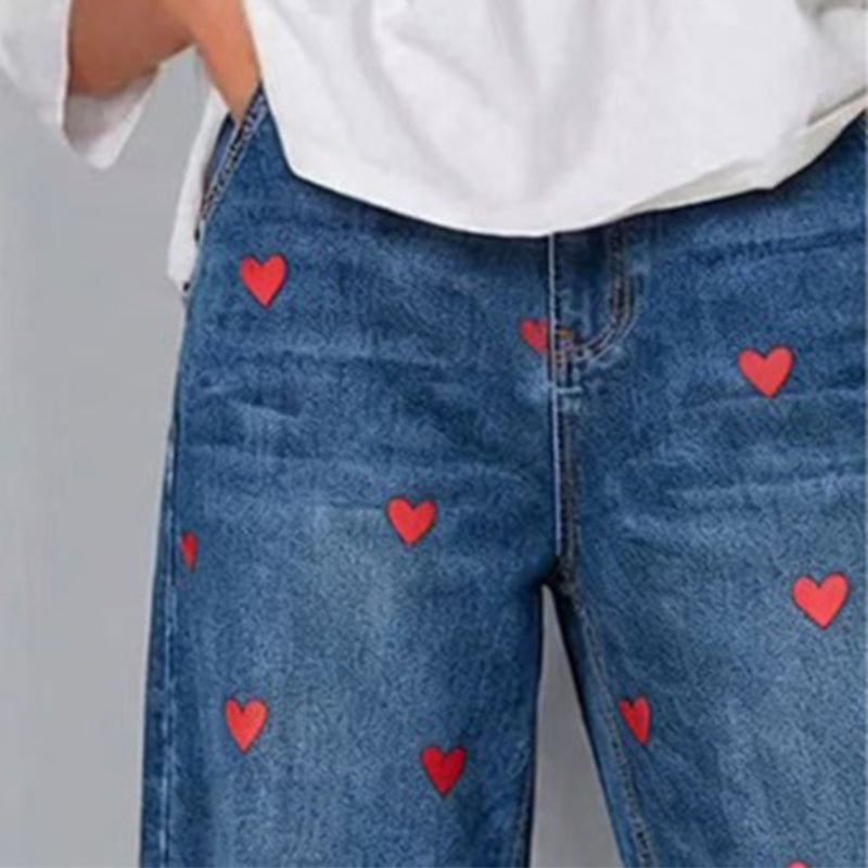 Women's Heart Print Barrel Leg Jeans