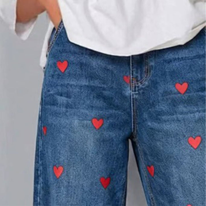 Women's Heart Print Barrel Leg Jeans