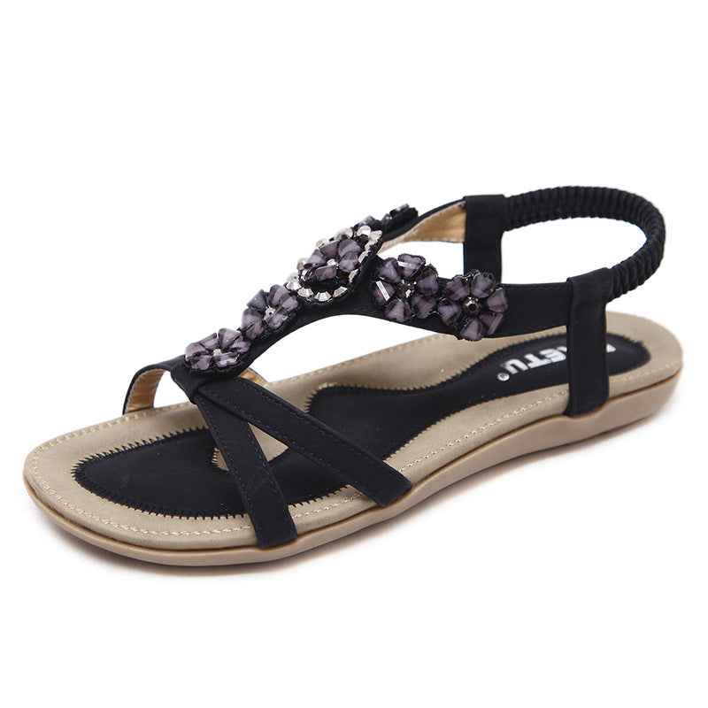 Sandals Women's Bohemian Flowers Rhinestone Flats Beach Shoes Black