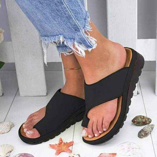 Women Slippers Flat Sole Casual Soft Big Toe Foot Sandal Black