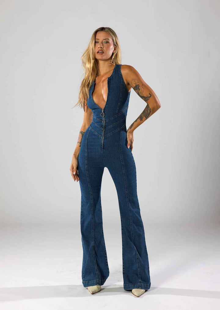 Women's Denim Jumpsuit – Deep V-Neck, Flared Legs, Tailored Fit, Zip Closure
