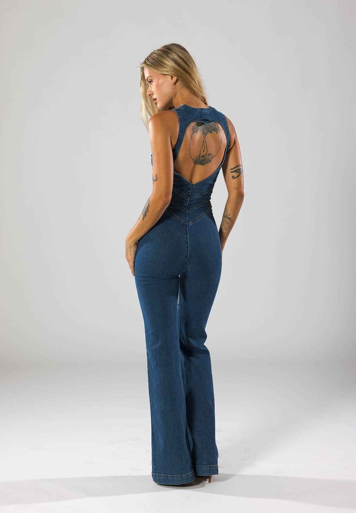 Women's Denim Jumpsuit – Deep V-Neck, Flared Legs, Tailored Fit, Zip Closure