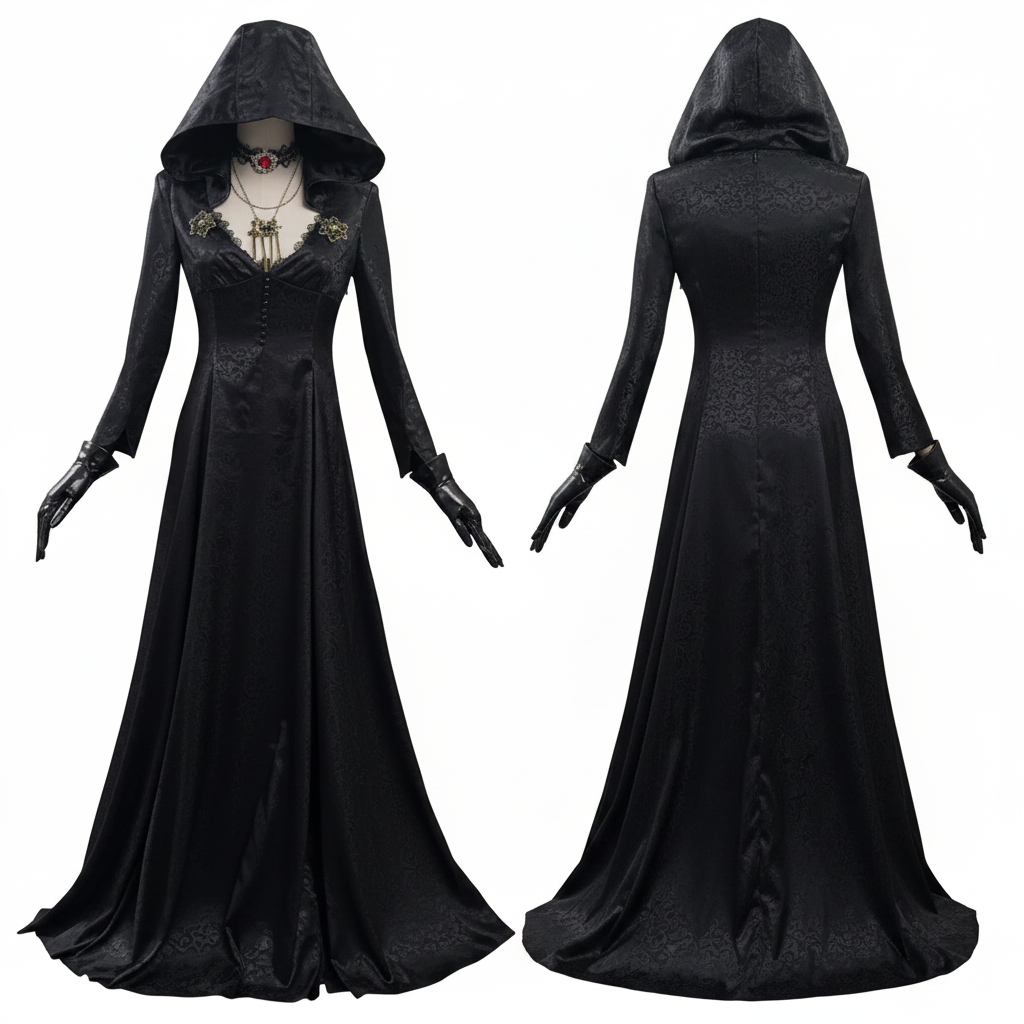 Halloween's Vampire Lady Costume with Jacquard Coat and Long Gown