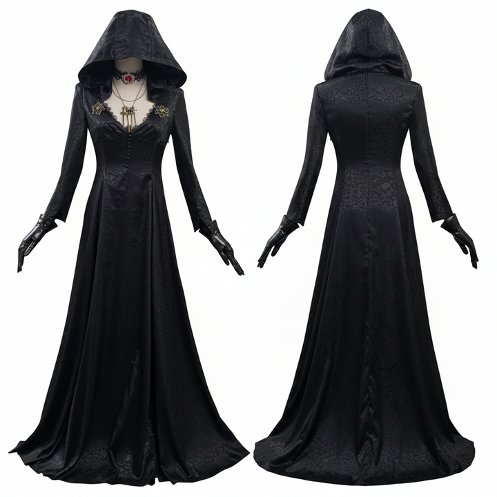 Halloween's Vampire Lady Costume with Jacquard Coat and Long Gown