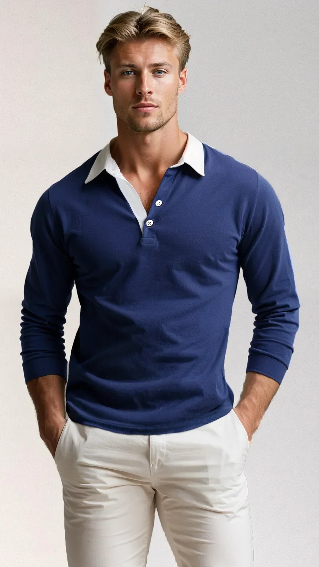 Men's Long Sleeve Polo Shirt - Contrast Collar - Breathable Cotton - Slim Fit