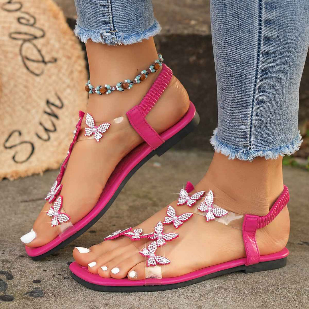 New Butterfly Rhinestone Sandals Summer Square Toe Flat Shoes For Women Red