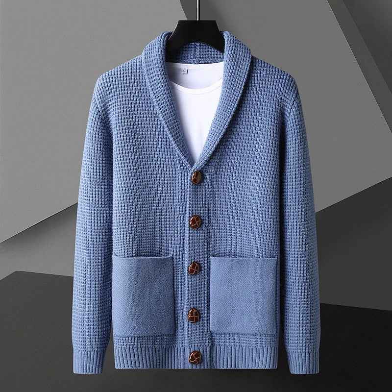 Men's Regular Fit Shawl Collar Cardigan - Button Front Design Blue