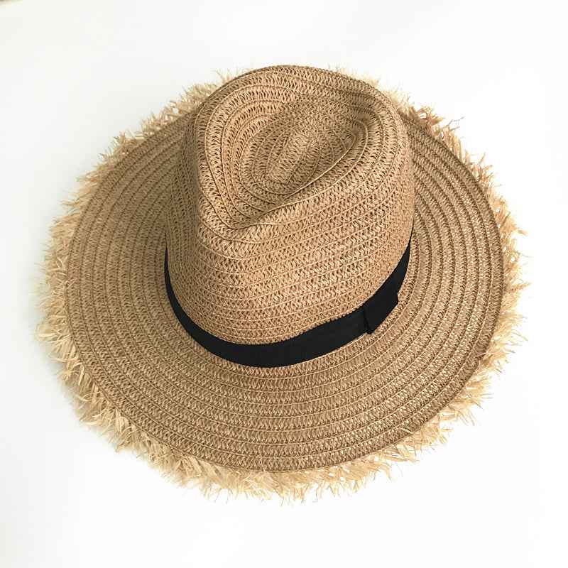 New Women Natural Wide Brim Burr Raffia Straw Hats Khaki
