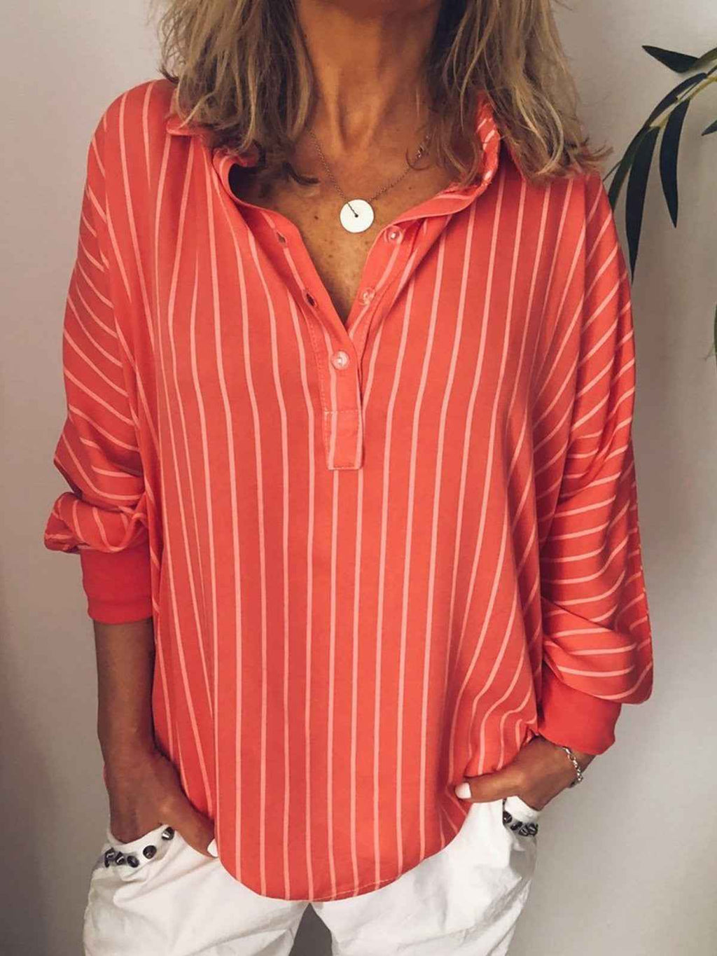 Women's Relaxed Fit Blouse – Vertical Stripes – Breathable Long Sleeve Top Red