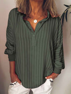 Women's Relaxed Fit Blouse – Vertical Stripes – Breathable Long Sleeve Top Green