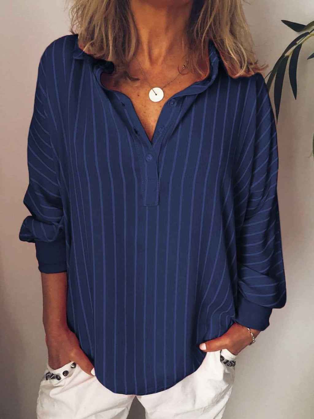 Women's Relaxed Fit Blouse – Vertical Stripes – Breathable Long Sleeve Top Blue