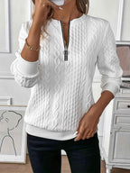 Women's Cable Knit Sweater - Round Neck, Long Sleeve, Zipper Detail White