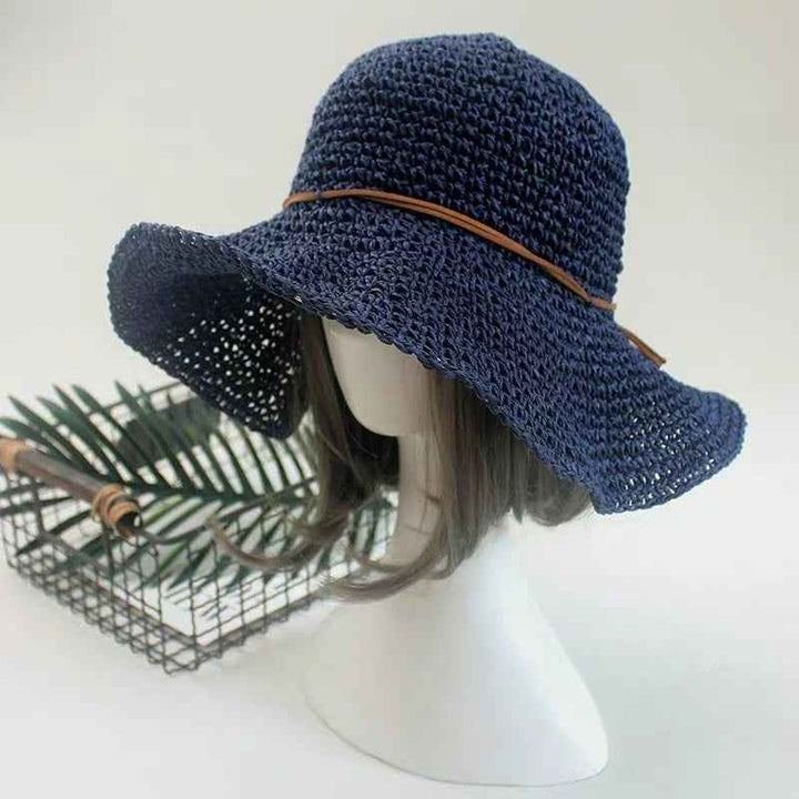 Straw Hat Sunshade Foldable Travel Beach Straw Hat Navy Blue One size