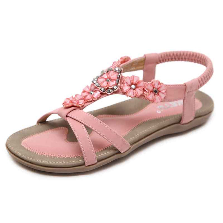 Sandals Women's Bohemian Flowers Rhinestone Flats Beach Shoes Pink