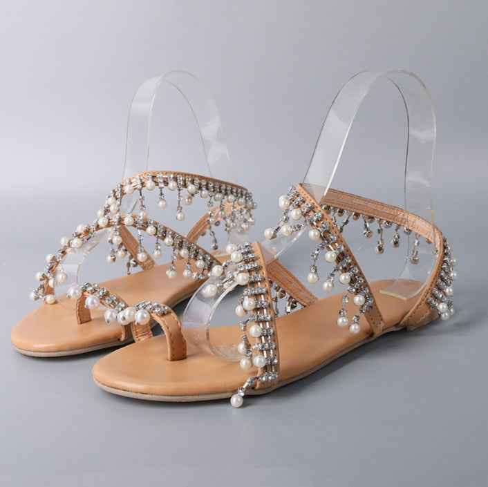 Women's Handmade Pearl Beaded Flat Beach Sandals