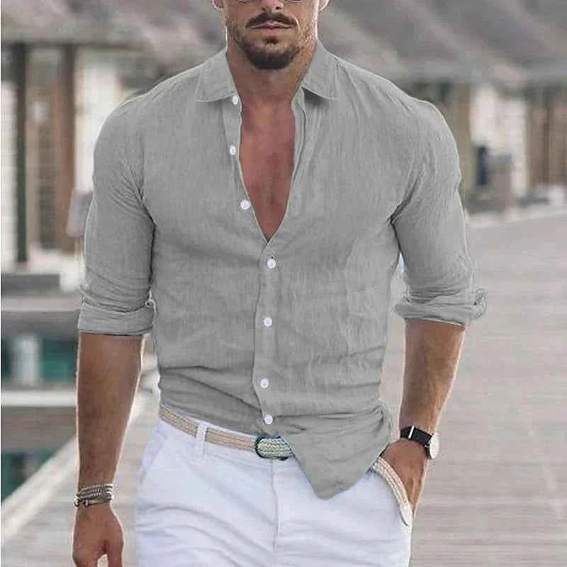 Men's Linen Shirt with Classic Turn-Down Collar Gray