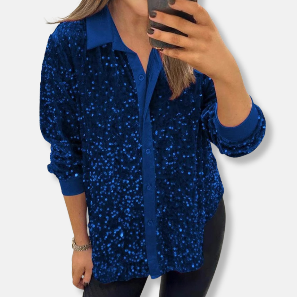 Women's Relaxed Fit Sequin Blouse with Button Closure – Festive Shine Blue