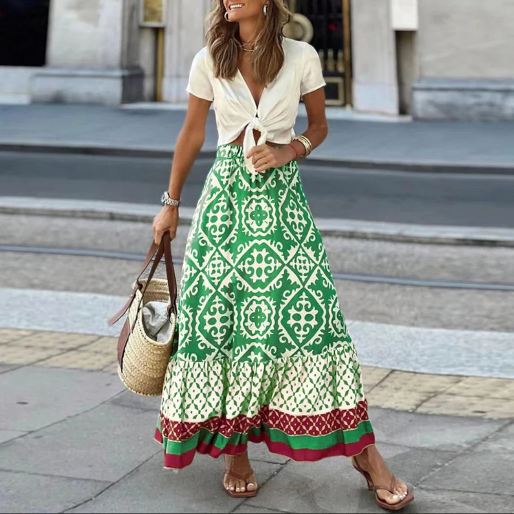 Women's A-Line Maxi Skirt – Geometric Pattern – Ruffle Hem – Eco-Friendly Materials Light Green