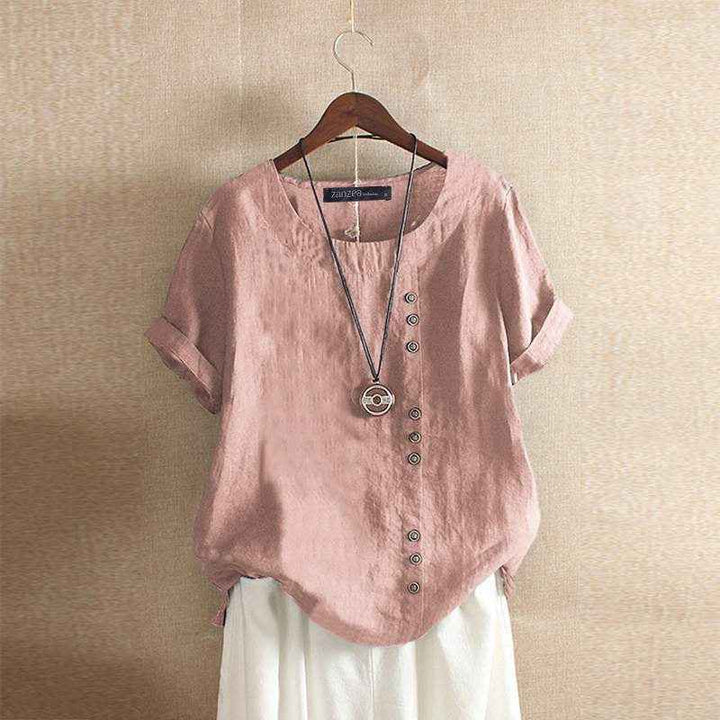 Women's Short Sleeve Button-Up Linen Blouse Pink