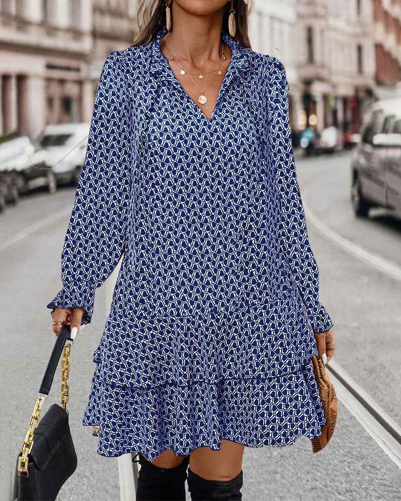 Women's V-Neck A-Line Dress - Long Puff Sleeves with Ruffles and Pattern Blue