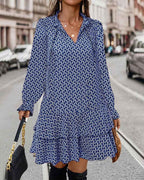 Women's V-Neck A-Line Dress - Long Puff Sleeves with Ruffles and Pattern Blue