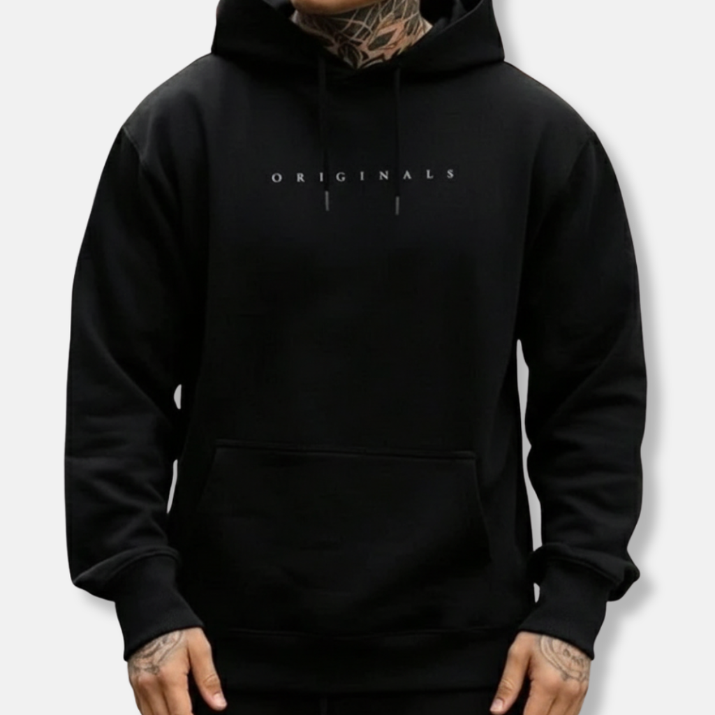 Men's Relaxed Fit Hoodie - Cotton Blend with Kangaroo Pocket & Drawstring Hood - Street Style Black