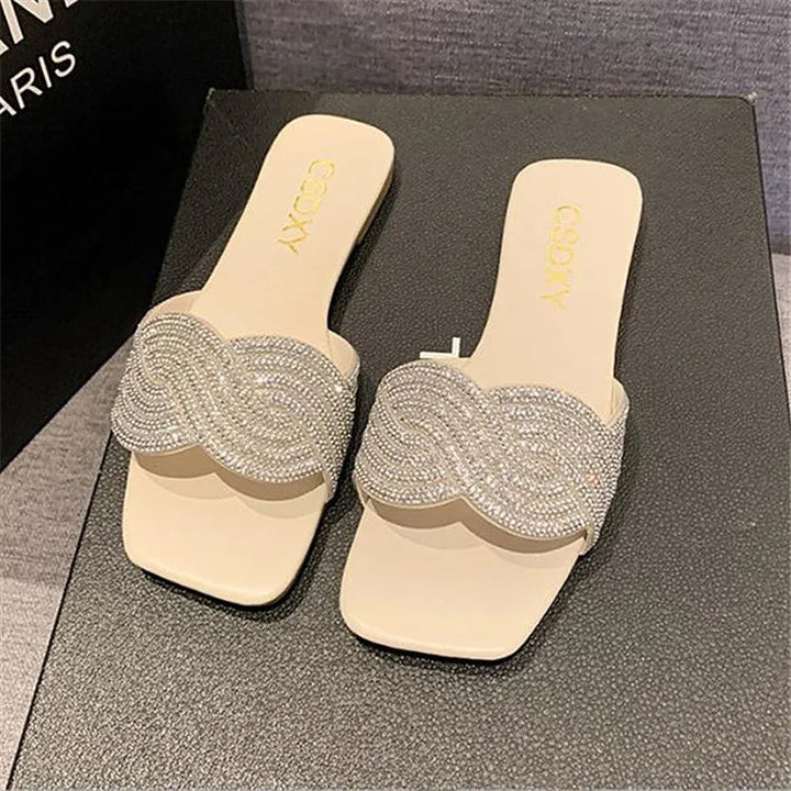 Women's Shiny Rhinestone Flat Sandals – Big Size 35-42 Glitter Slip-On Slides Beige