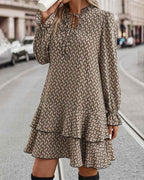 Women's V-Neck A-Line Dress - Long Puff Sleeves with Ruffles and Pattern