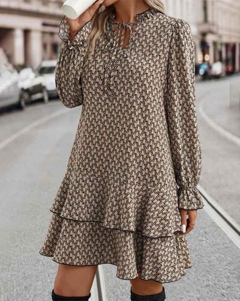 Women's V-Neck A-Line Dress - Long Puff Sleeves with Ruffles and Pattern