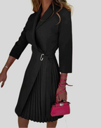 Women's Midi Dress - Pleated Skirt - Asymmetrical Design - Elegant Style Solid Black