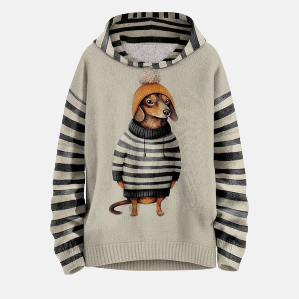 Women's Relaxed Fit Hoodie – Fleece Feel with Cartoon Dog Print & Striped Sleeves Black
