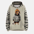 Women's Relaxed Fit Hoodie – Fleece Feel with Cartoon Dog Print & Striped Sleeves Black