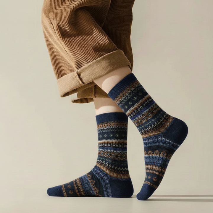 Fair Isle Ribbed Cuff Crew Socks Blue