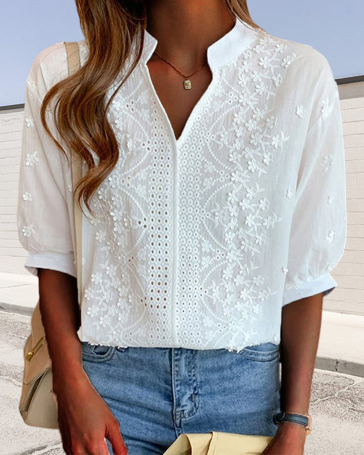 Women's V-Neck Puff Sleeve Blouse