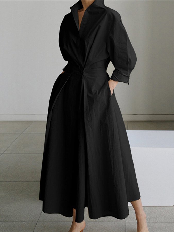 Women's A-Line Midi Dress with Long Sleeves and V-Neck – Lightweight and Fitted Black