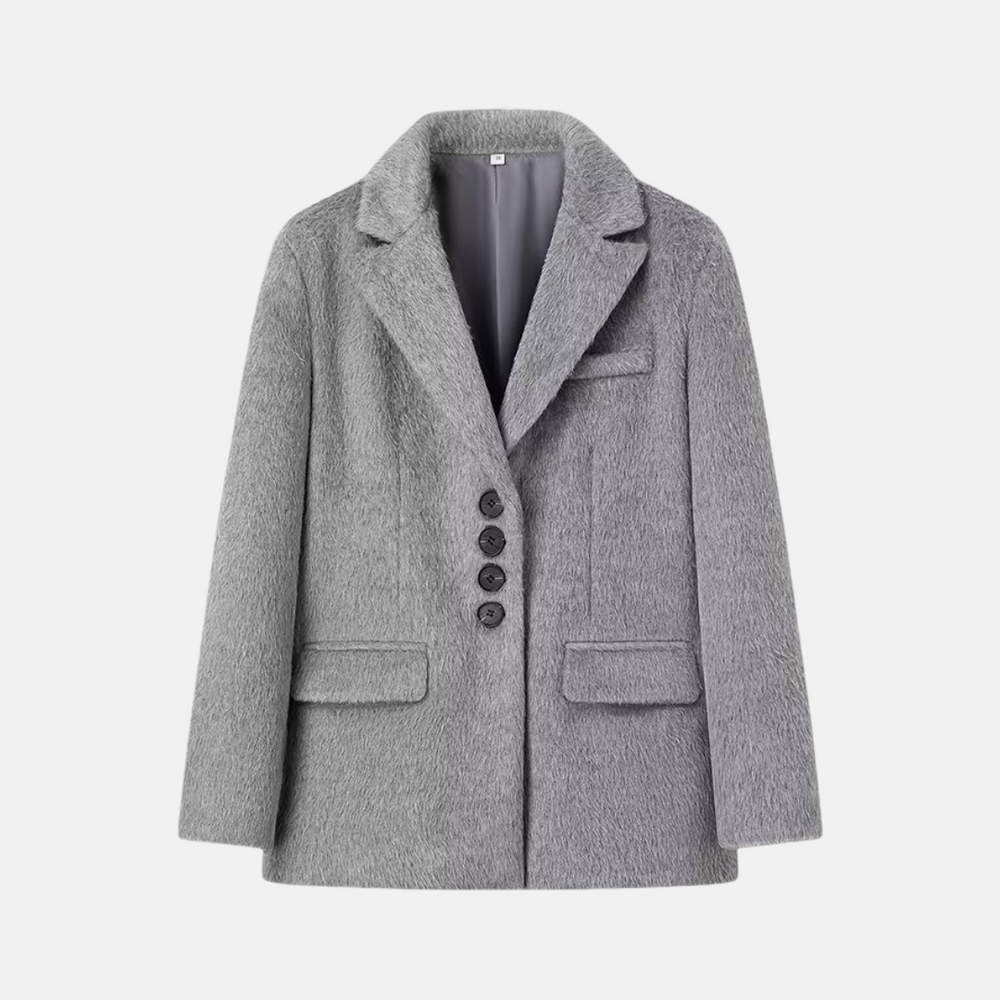 Women's Oversized Blazer – Plush Texture with Button Closure and Flap Pockets Grey