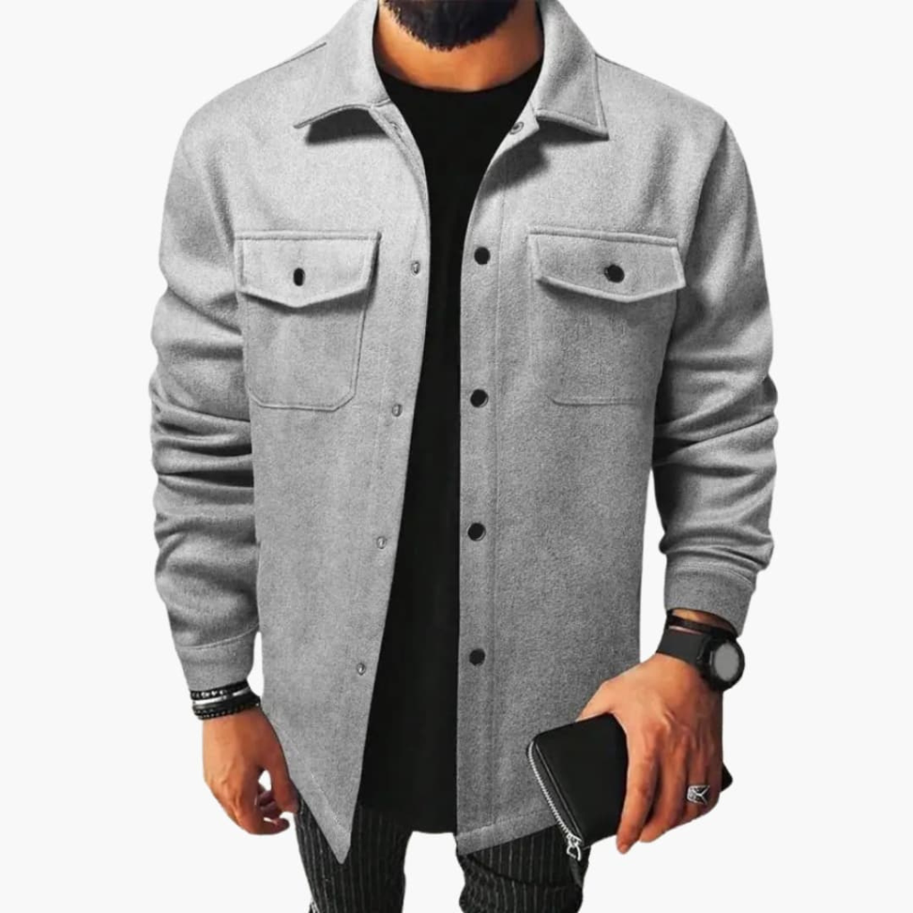 Men's Button Placket Shirt Jacket Light Gray