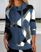 Women's Relaxed Fit Hoodie Pullover – Soft Knit Long Sleeve with Geometric Design Blue