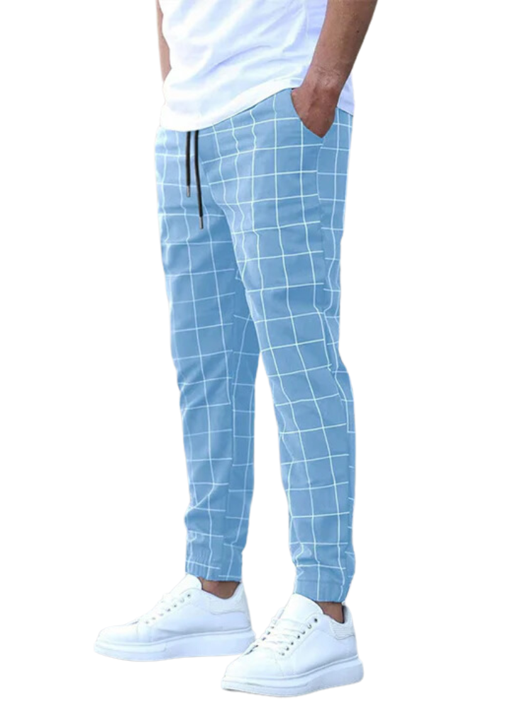 Men's Checked Pattern Stretch Trousers Light Blue