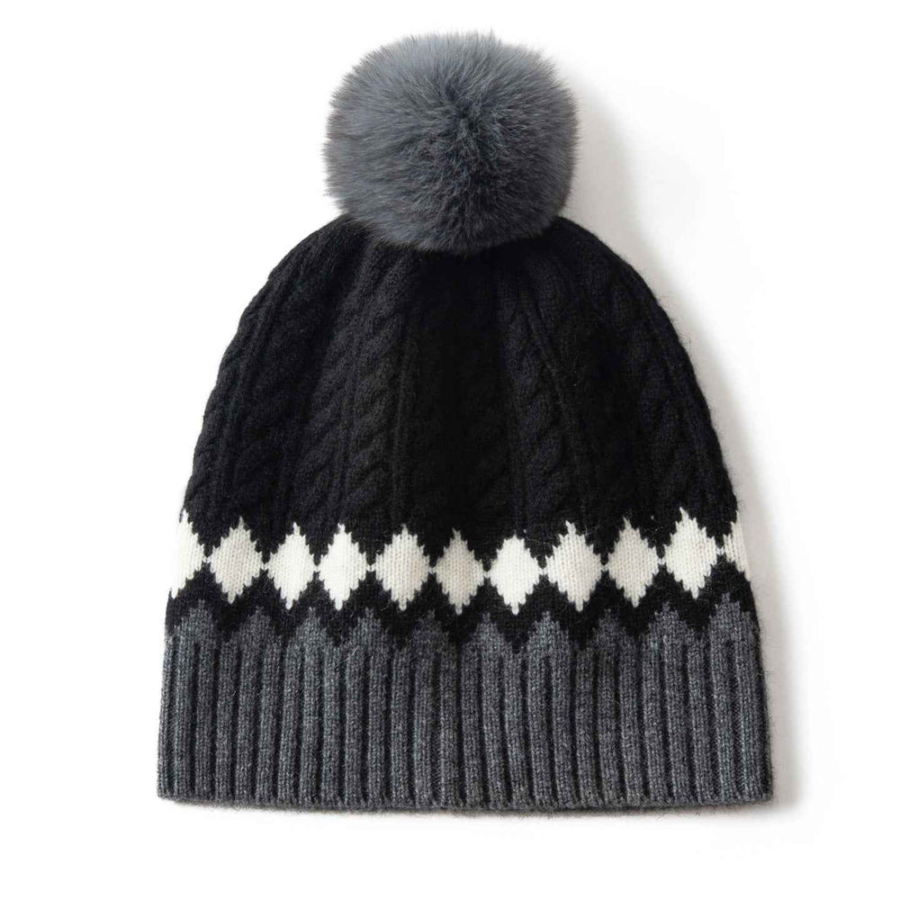Cozy Cable Knit Beanie with Fur Pom-Pom Black