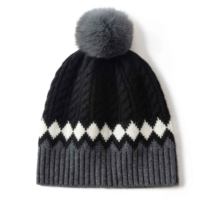 Cozy Cable Knit Beanie with Fur Pom-Pom Black