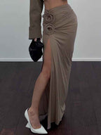 Women's High Waist Maxi Skirt – Elegant Fit with High Slit and Rosette Details