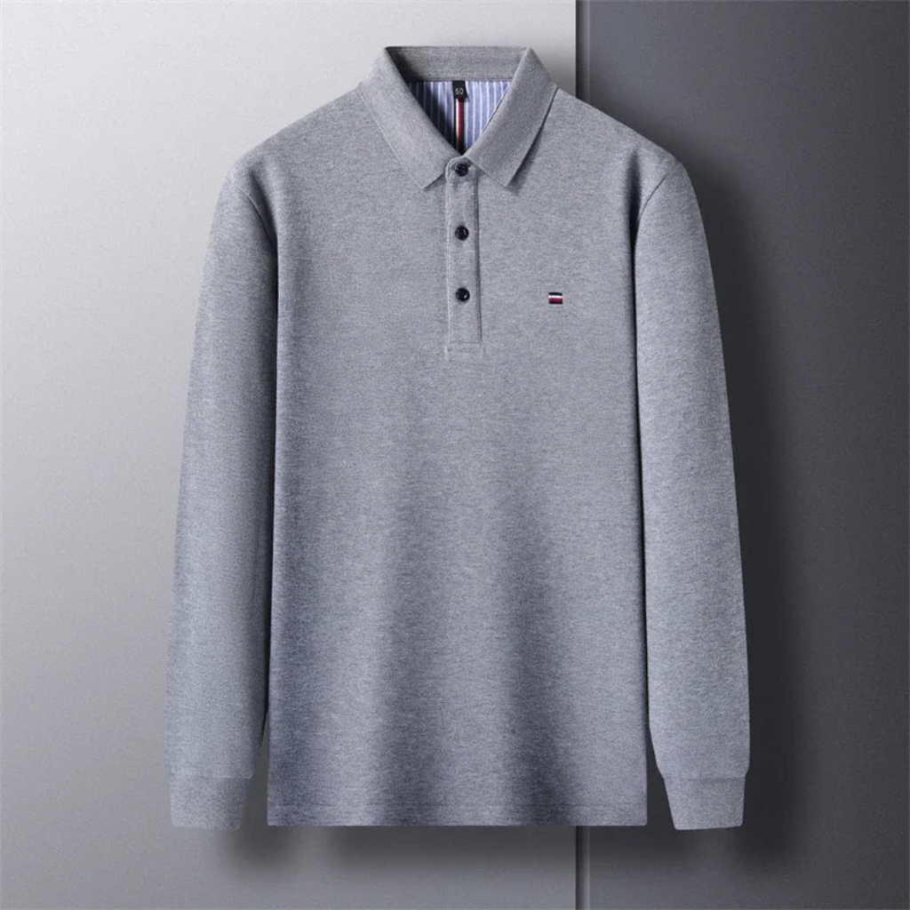 Men's Long Sleeve Polo Shirt with Embroidery - Comfortable & Breathable Grey