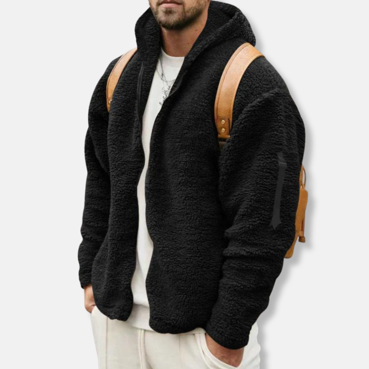 Men's Sherpa Fleece Hoodie with Zipper – Relaxed Fit & Ribbed Cuffs – Casual Style Black